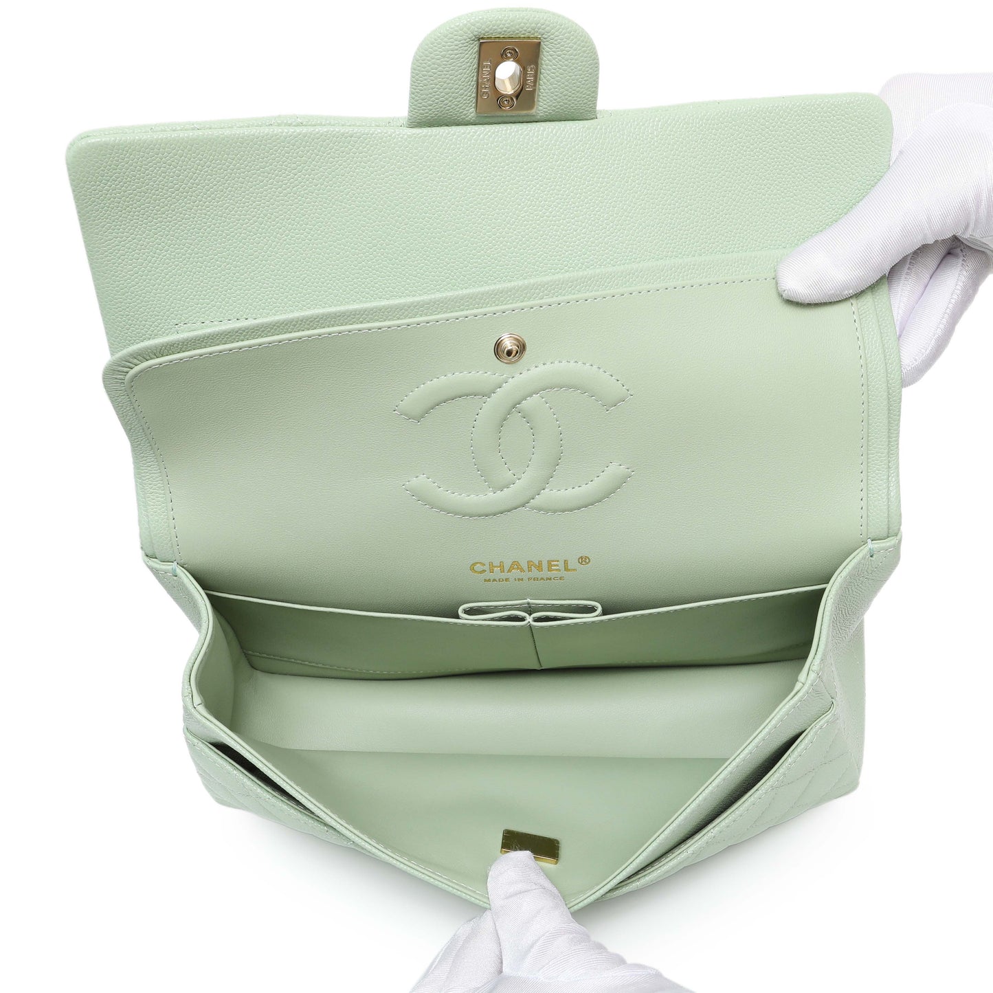 Exclusive Chanel Light Mint Green Caviar Medium Classic Double Flap — Top View