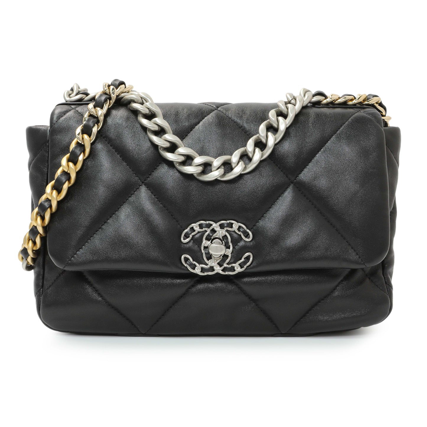 Exclusive Chanel Black Lambskin Quilted Medium Chanel 19 Flap — Front View