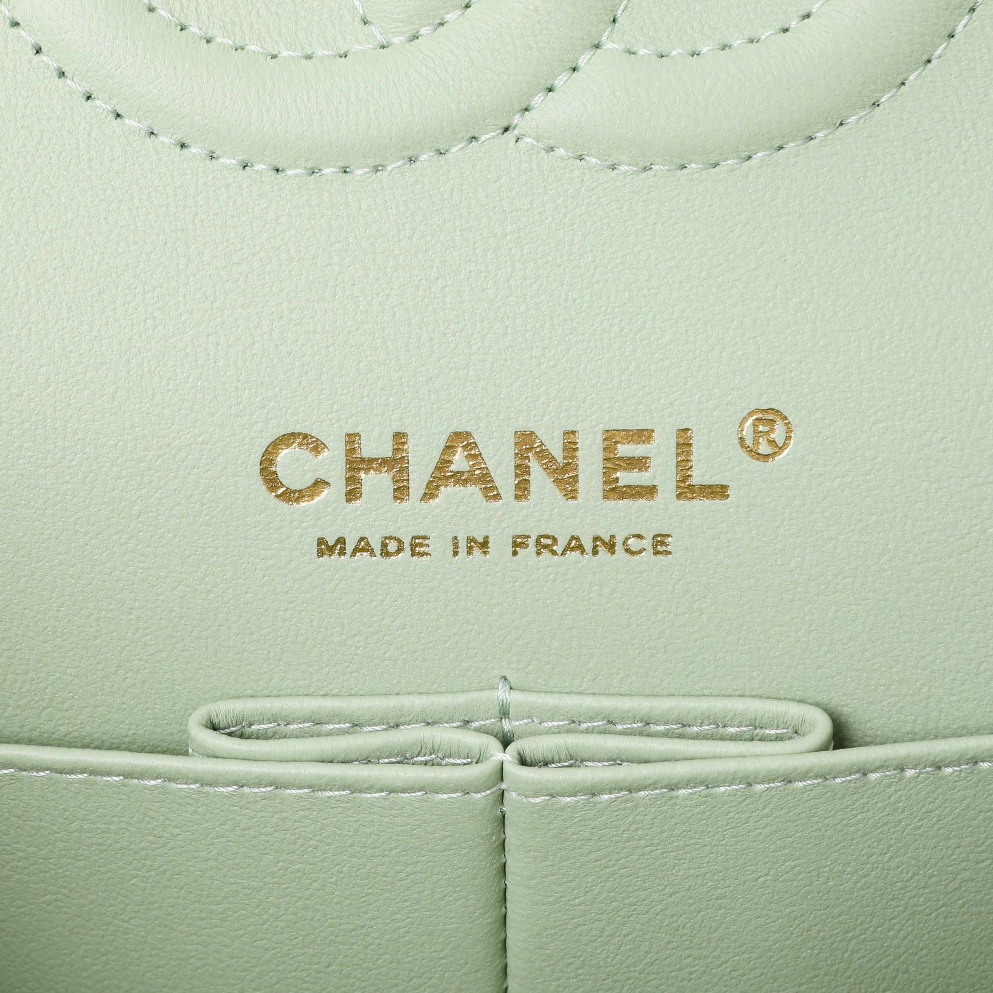 Exclusive Chanel Light Mint Green Caviar Medium Classic Double Flap — Detail View