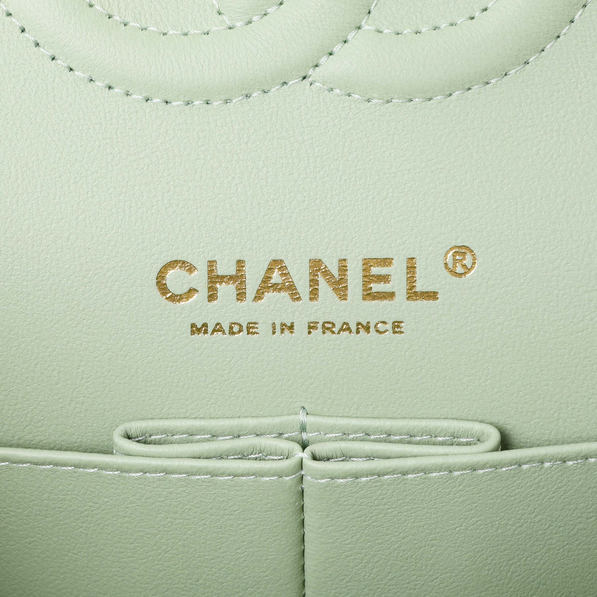 Exclusive Chanel Light Mint Green Caviar Medium Classic Double Flap — Detail View