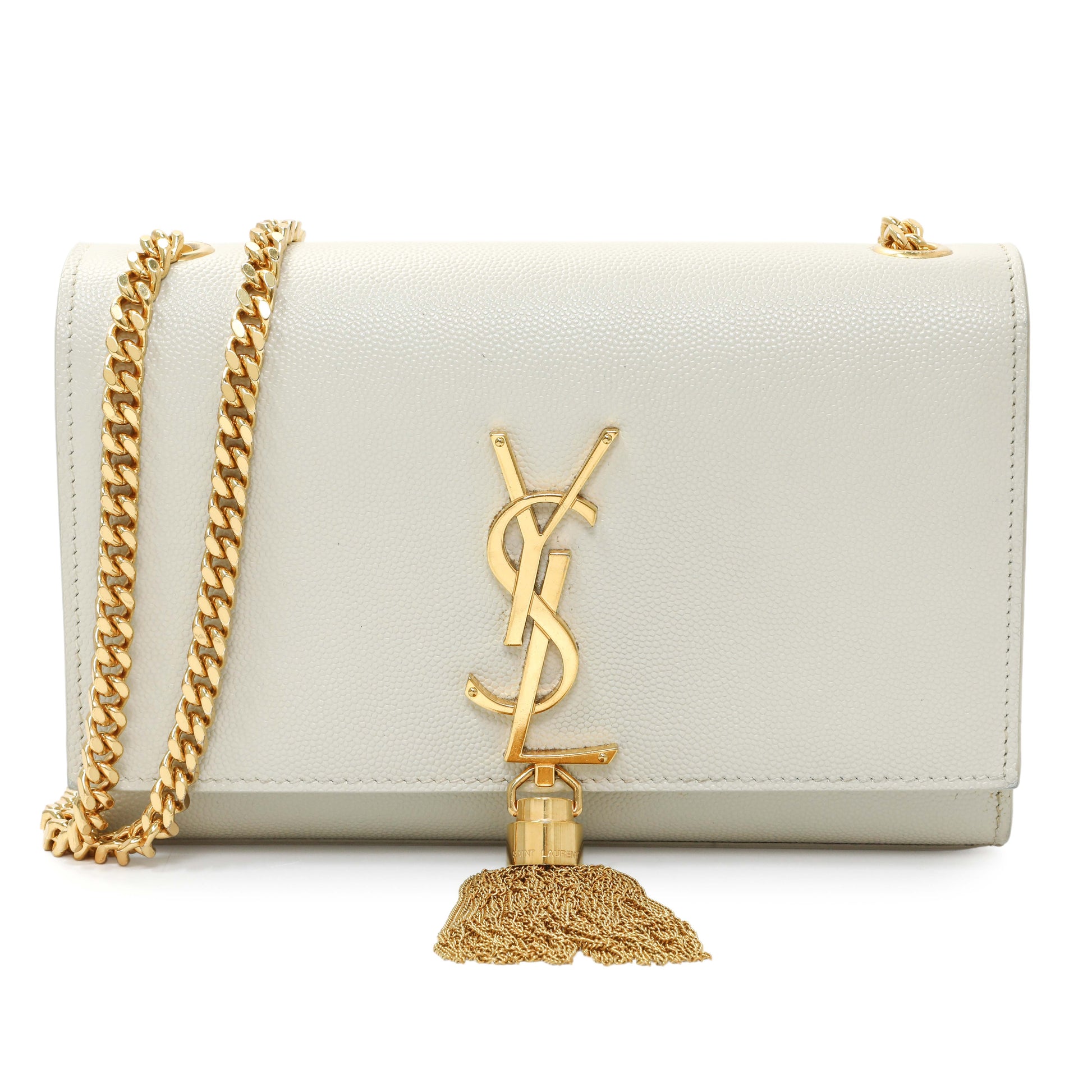 Exclusive Saint Laurent Crema Soft Grain De Poudre Small Classic Monogram Kate Tassel Satchel — Front View
