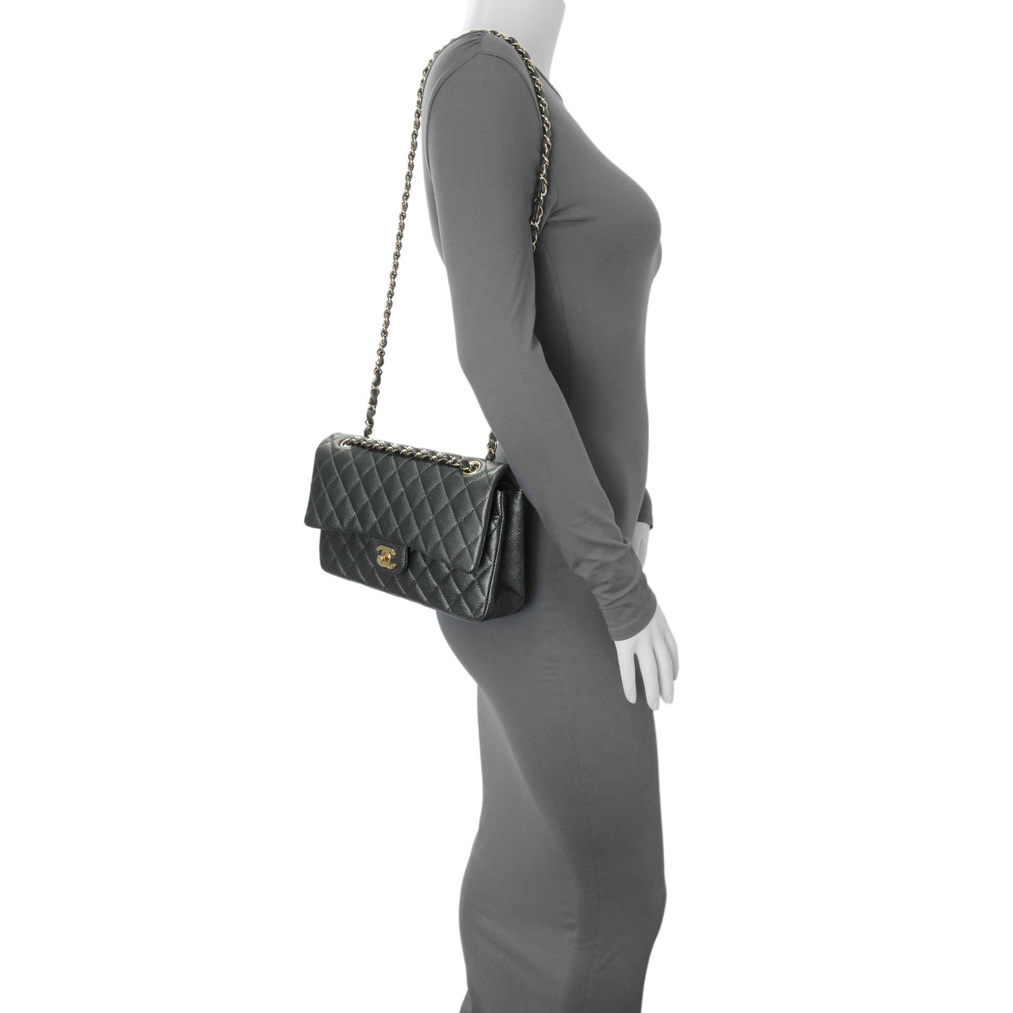 Exclusive Chanel Dark Grey Caviar Medium Classic Double Flap — Alternate View 11