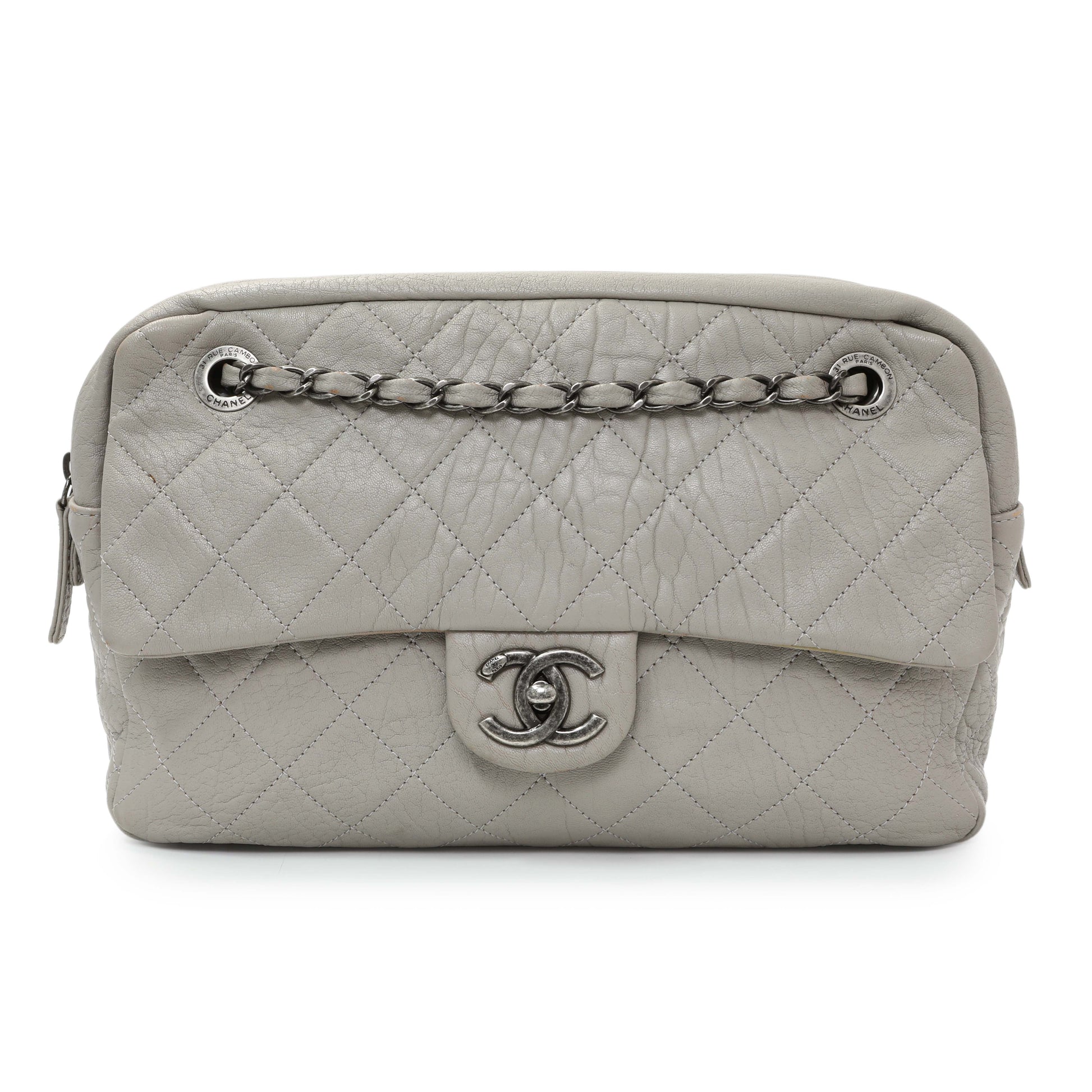 Exclusive Chanel Grey Quilted Goatskin Chain Shoulder Bag — Front View