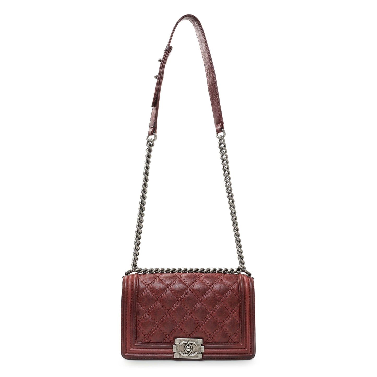 Exclusive Chanel Burgundy Calfskin Double Stitch Medium Boy Flap — Front View