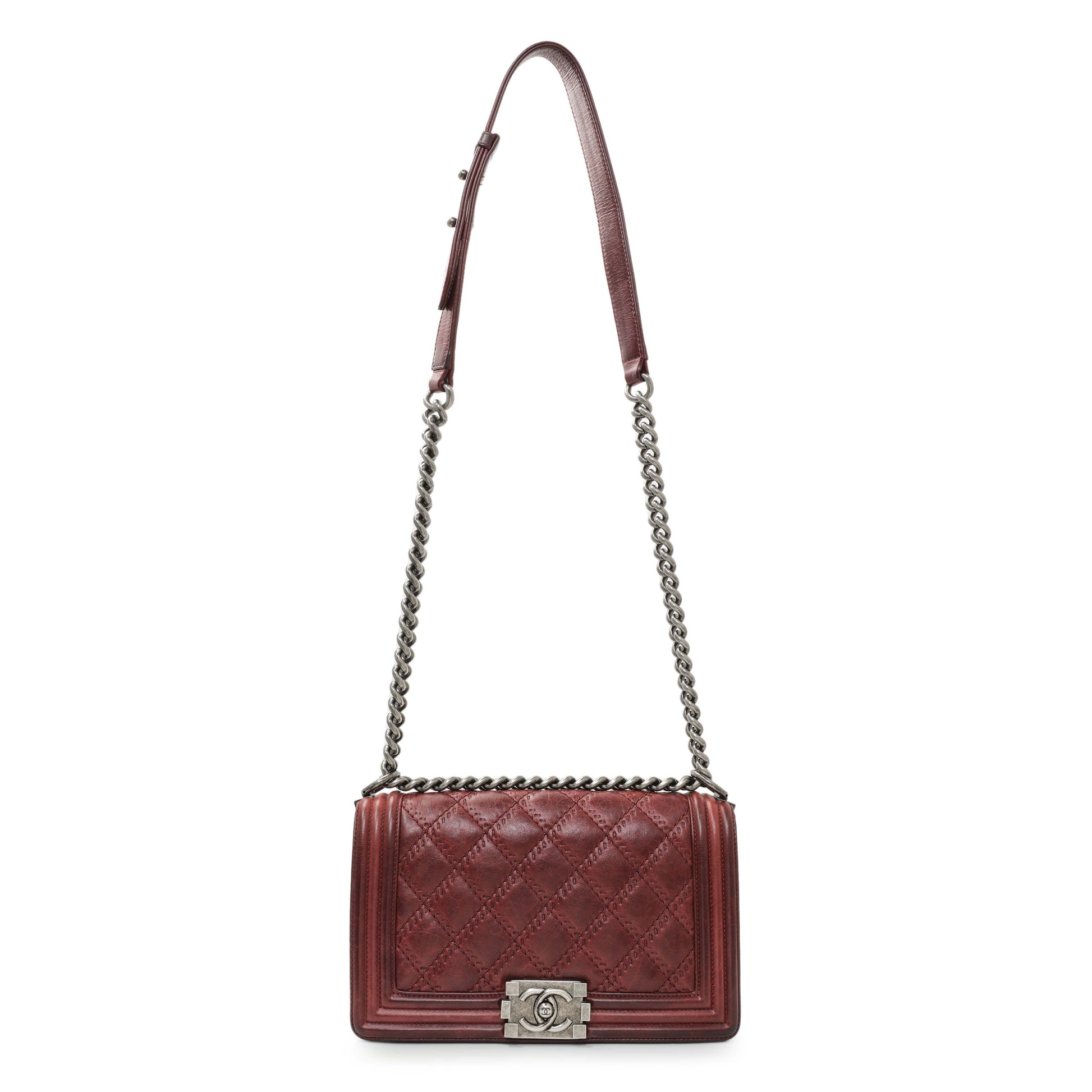 Exclusive Chanel Burgundy Calfskin Double Stitch Medium Boy Flap — Front View
