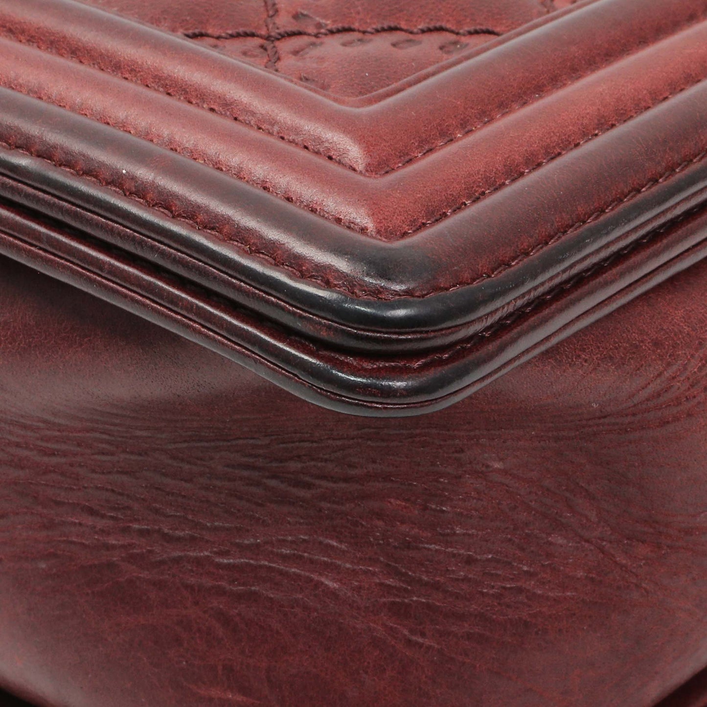Exclusive Chanel Burgundy Calfskin Double Stitch Medium Boy Flap — Detail View