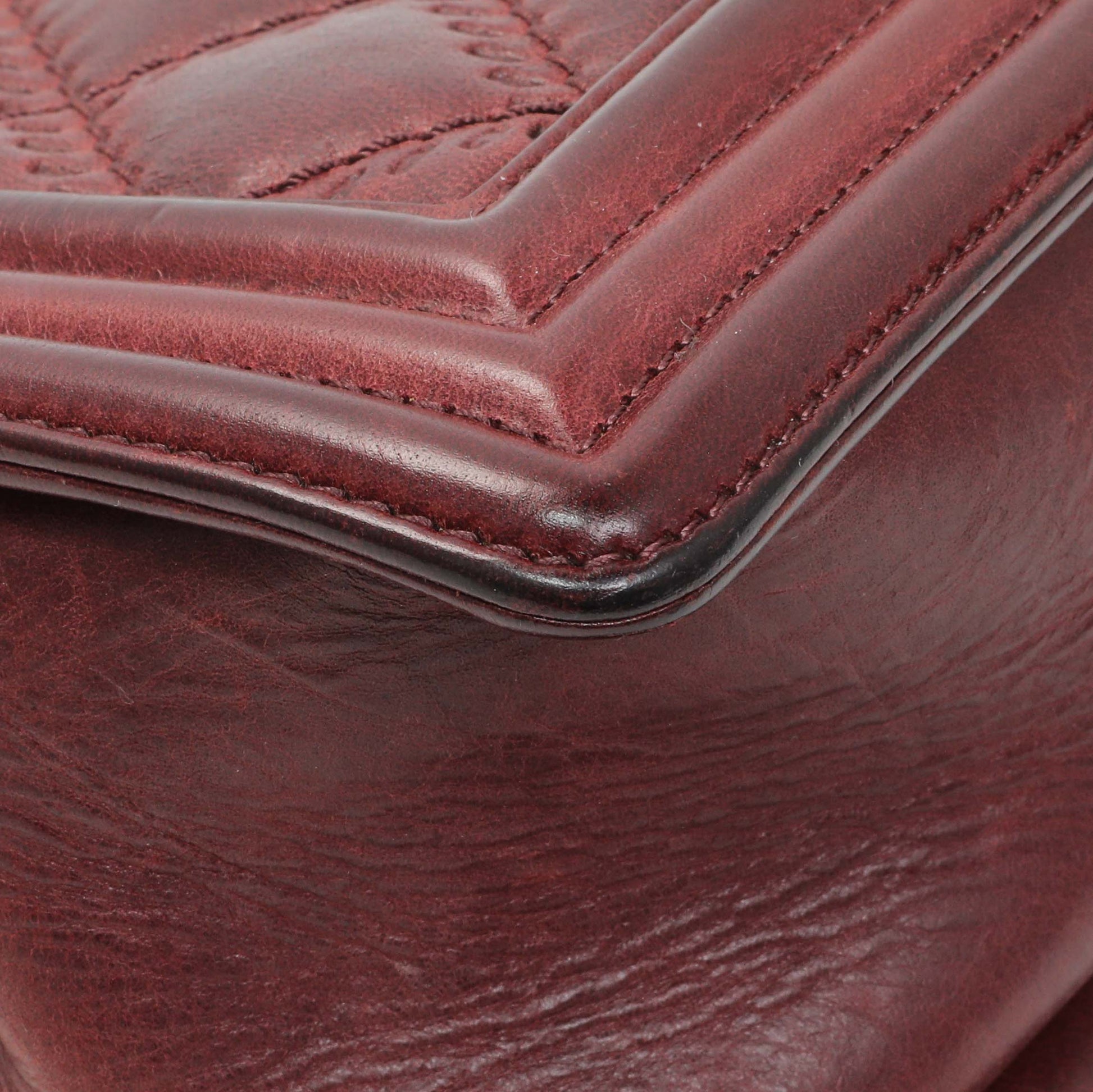 Exclusive Chanel Burgundy Calfskin Double Stitch Medium Boy Flap — Lifestyle View
