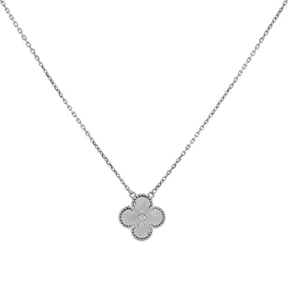 Exclusive Van Cleef & Arpels 18K White Gold Guilloche Vintage Alhambra Pendant Necklace — Front View