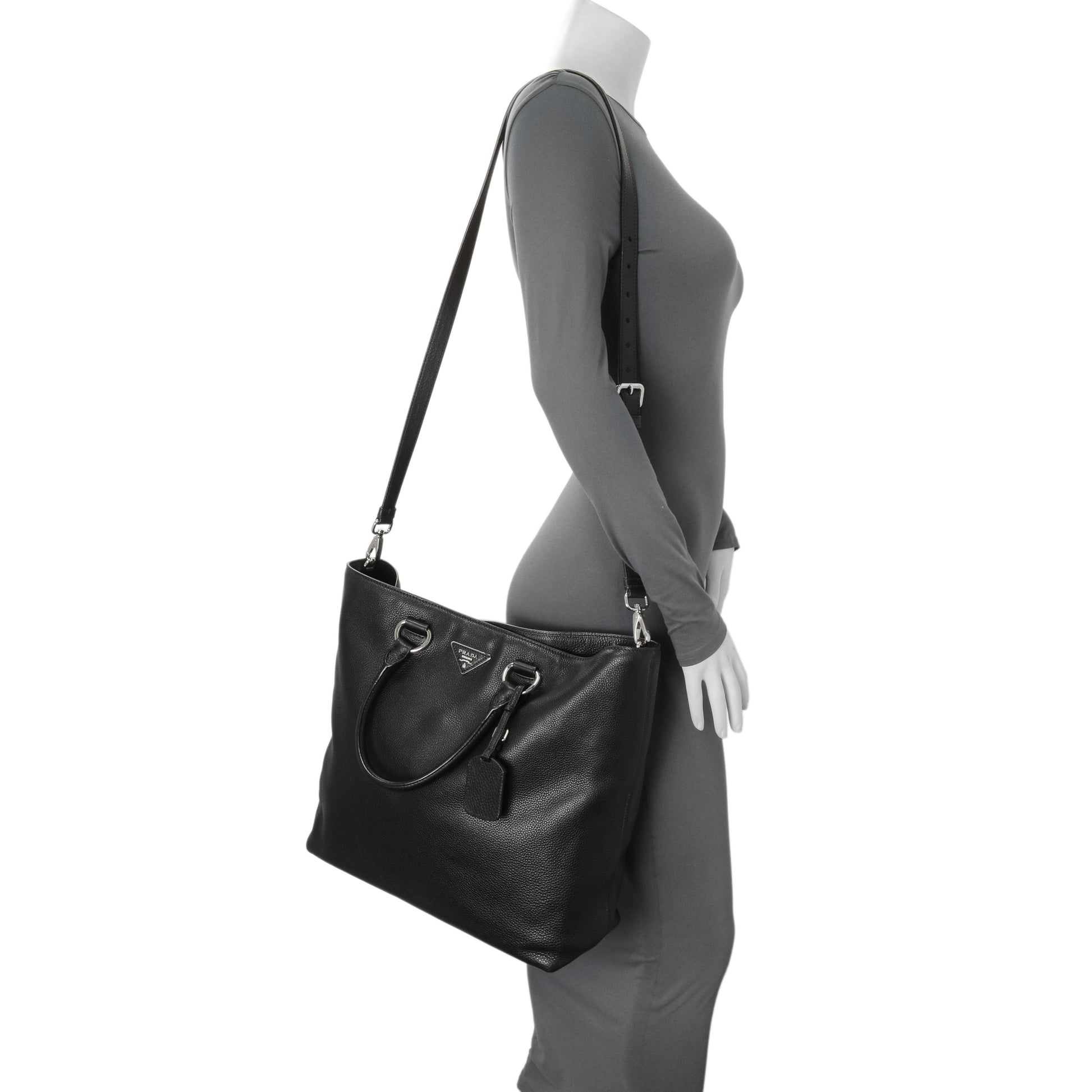 Exclusive Prada Black Vitello Daino Tote — Lifestyle View