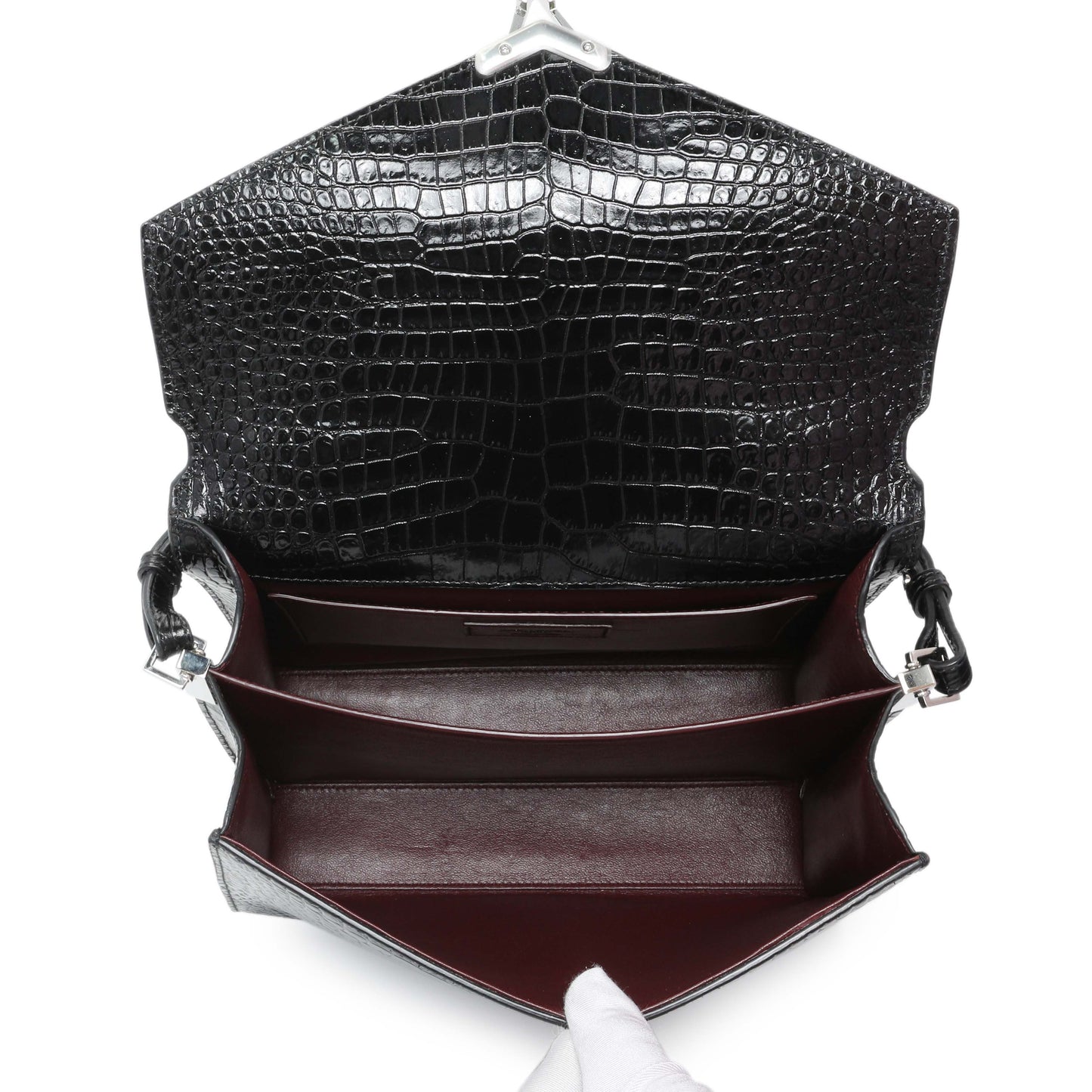 Exclusive Saint Laurent Black Calfskin Crocodile Embossed Medium Cassandra Top Handle — Top View