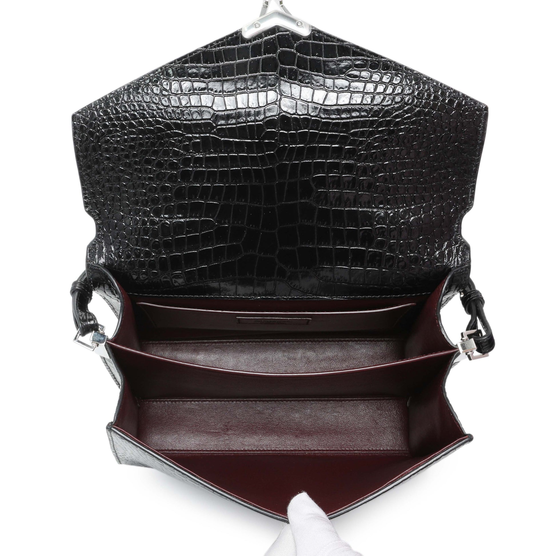 Exclusive Saint Laurent Black Calfskin Crocodile Embossed Medium Cassandra Top Handle — Top View