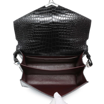 Exclusive Saint Laurent Black Calfskin Crocodile Embossed Medium Cassandra Top Handle — Top View
