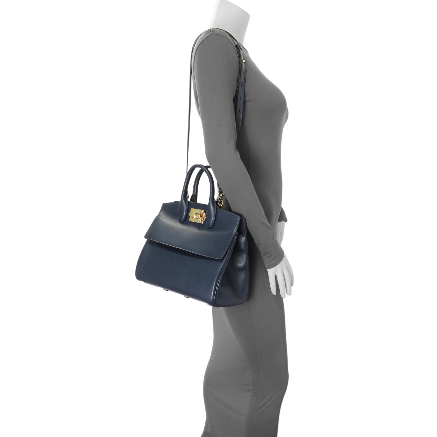 Exclusive Salvatore Ferragamo Blue Calfskin Medium Studio Bag — Alternate View 7