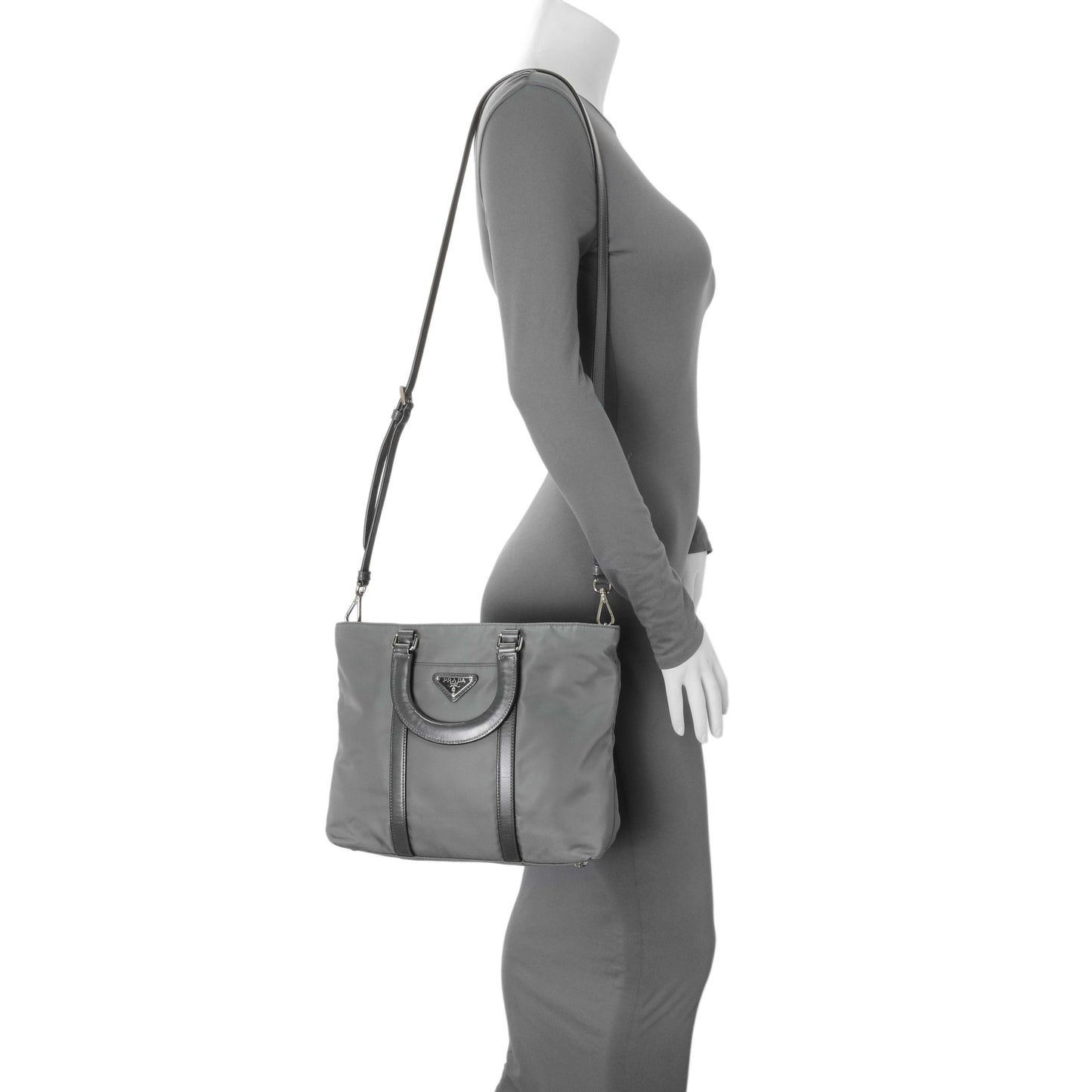 Exclusive Prada Grey Tessuto Nylon Tote — Lifestyle View