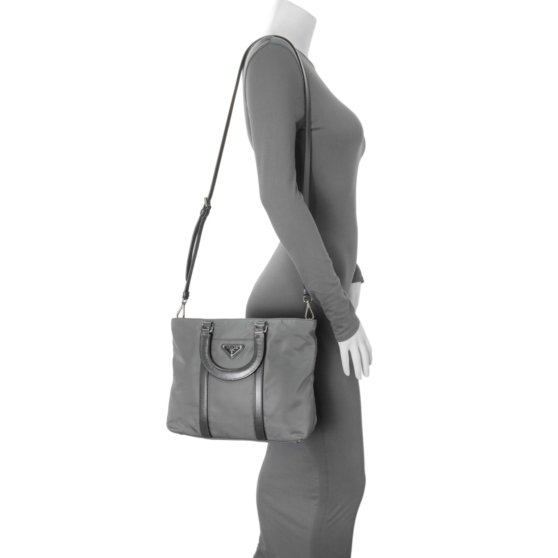 Exclusive Prada Grey Tessuto Nylon Tote — Lifestyle View