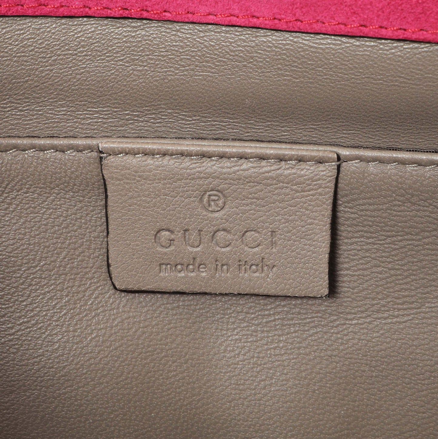 Exclusive Gucci Pink Suede Crystal Interlocking Clutch — Detail View