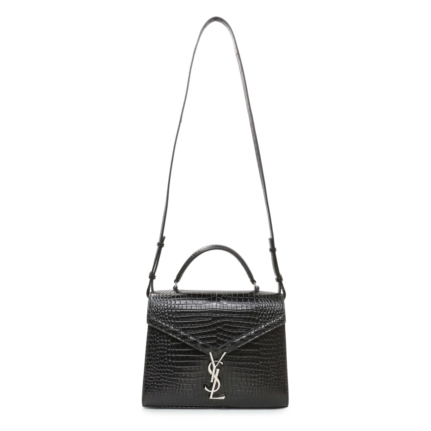 Exclusive Saint Laurent Black Calfskin Crocodile Embossed Medium Cassandra Top Handle — Front View