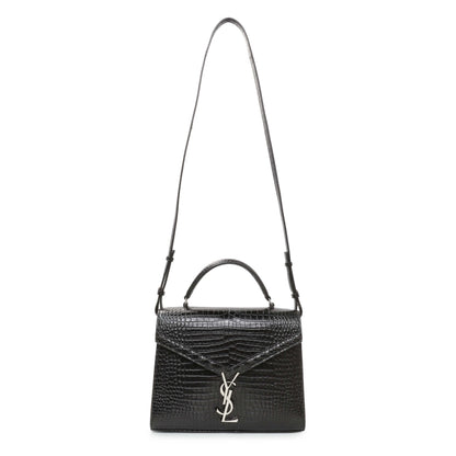 Exclusive Saint Laurent Black Calfskin Crocodile Embossed Medium Cassandra Top Handle — Front View