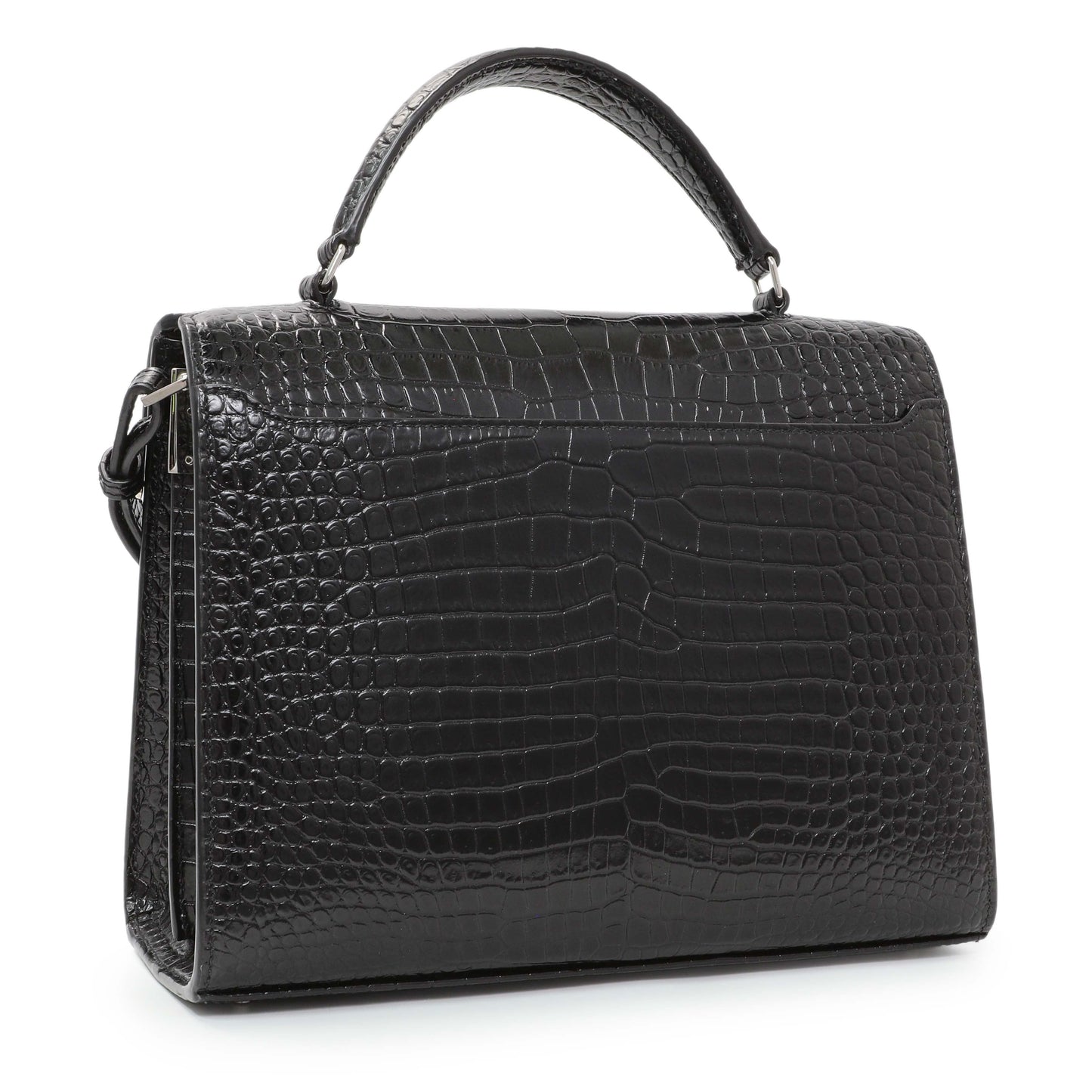 Exclusive Saint Laurent Black Calfskin Crocodile Embossed Medium Cassandra Top Handle — Side View