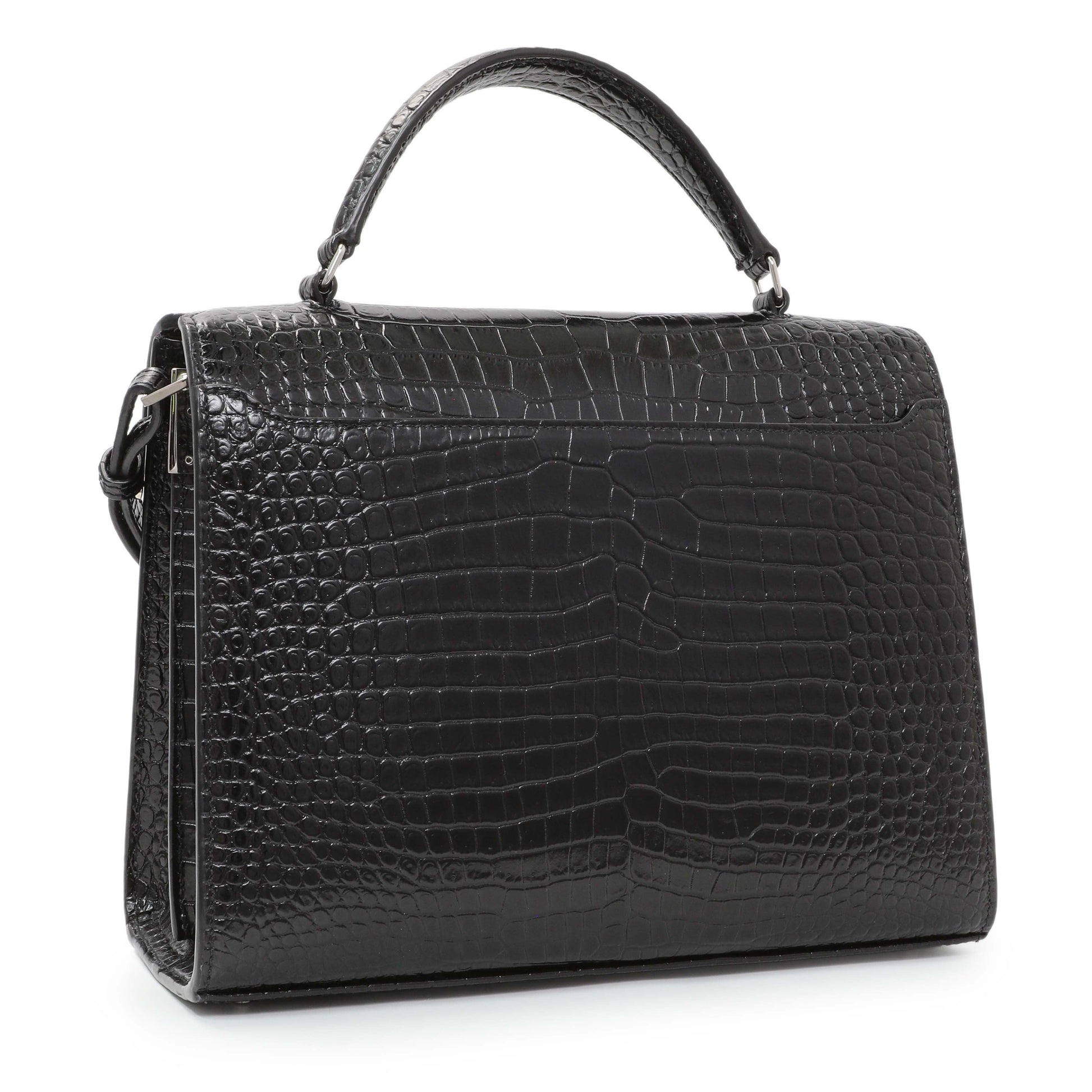 Exclusive Saint Laurent Black Calfskin Crocodile Embossed Medium Cassandra Top Handle — Side View