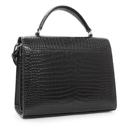 Exclusive Saint Laurent Black Calfskin Crocodile Embossed Medium Cassandra Top Handle — Side View