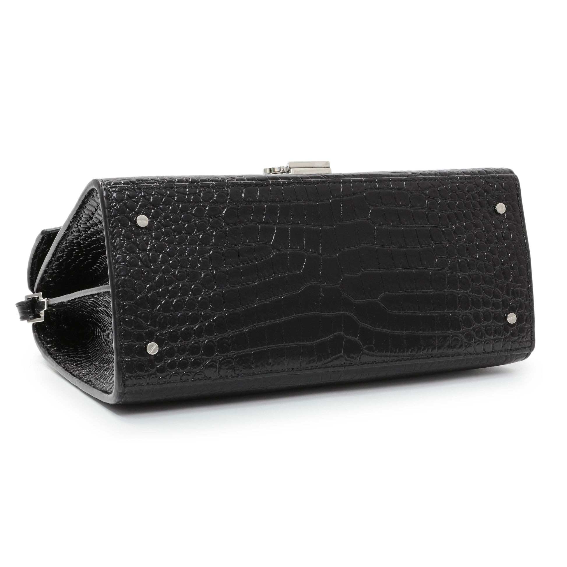 Exclusive Saint Laurent Black Calfskin Crocodile Embossed Medium Cassandra Top Handle — Back View
