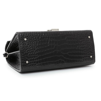Exclusive Saint Laurent Black Calfskin Crocodile Embossed Medium Cassandra Top Handle — Back View