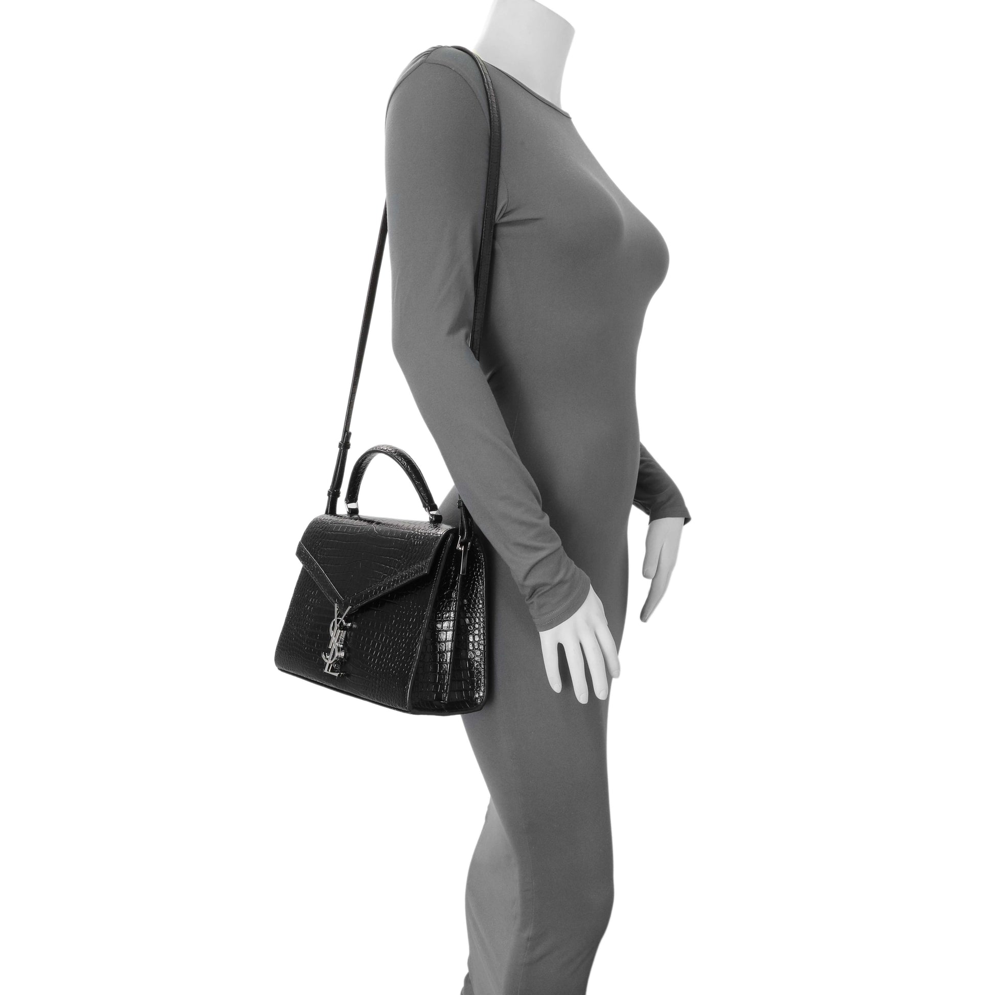 Exclusive Saint Laurent Black Calfskin Crocodile Embossed Medium Cassandra Top Handle — Alternate View 7