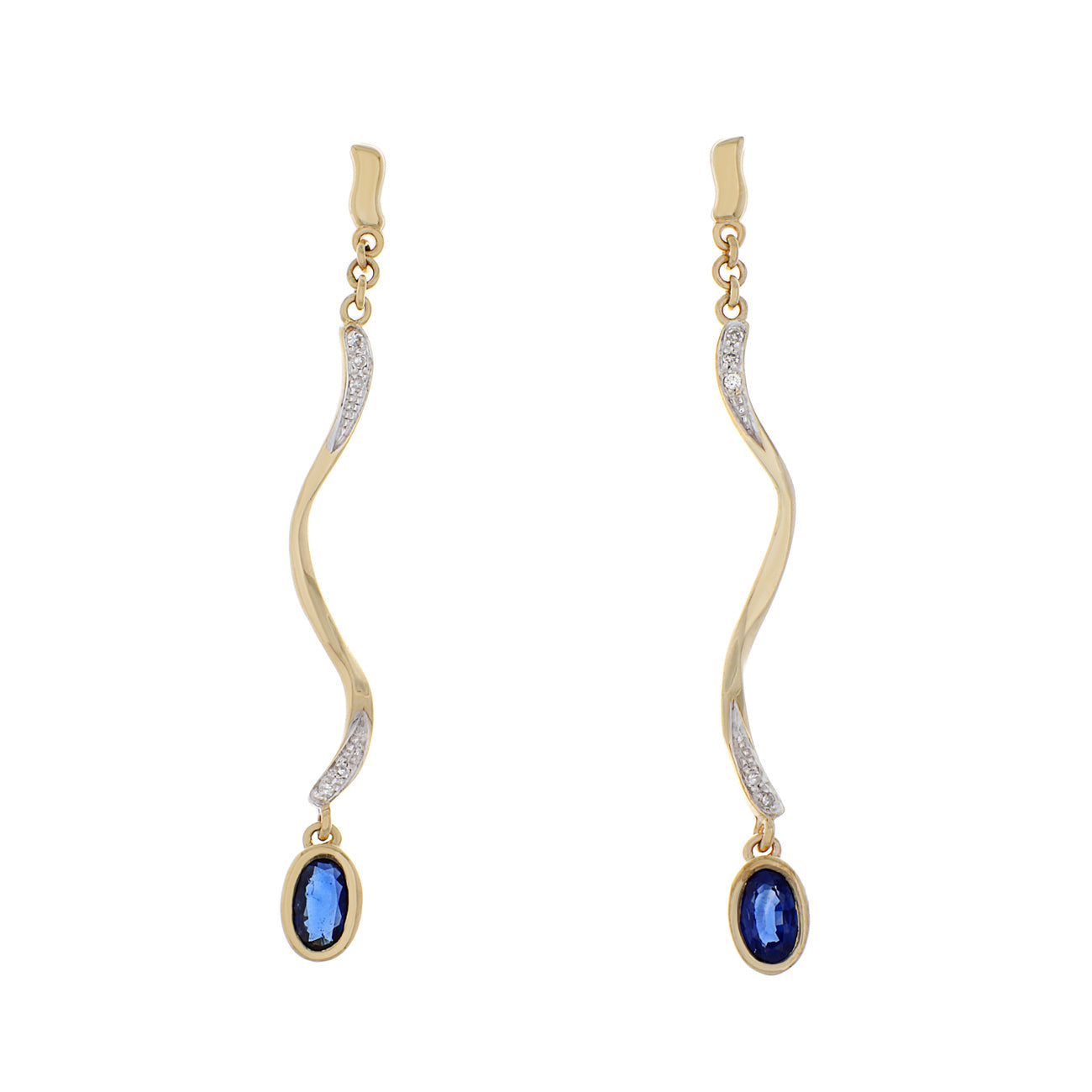 Exclusive 14K Yellow Gold Swirl Drop Sapphire Earrings — Front View