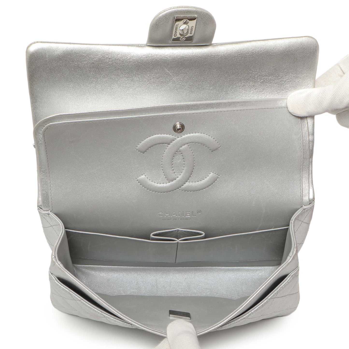 Exclusive Chanel Silver Quilted Calfskin Medium Classic Double Flap — Alternate View 9