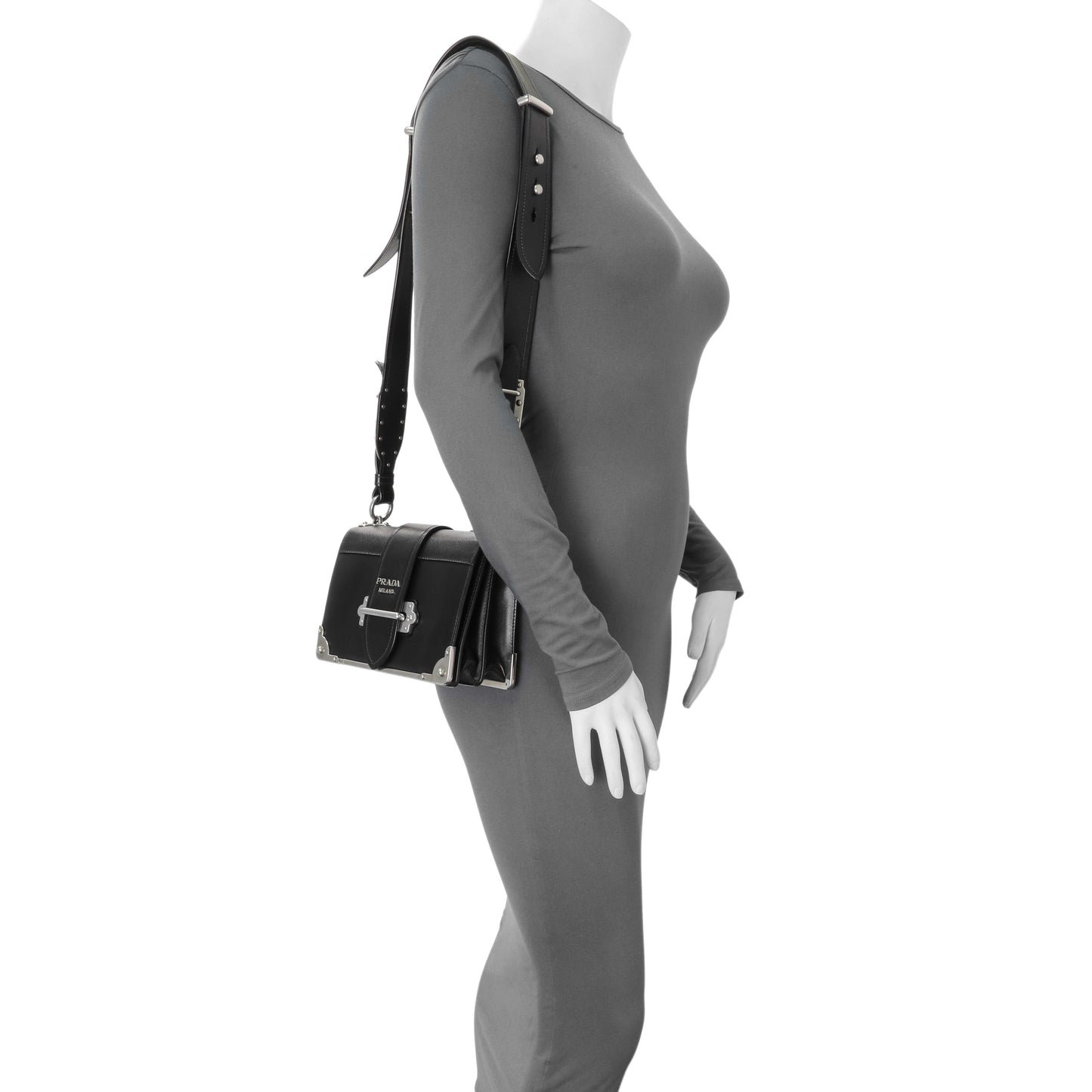 Exclusive Prada Black City Calf Saffiano Cahier Bag — Lifestyle View