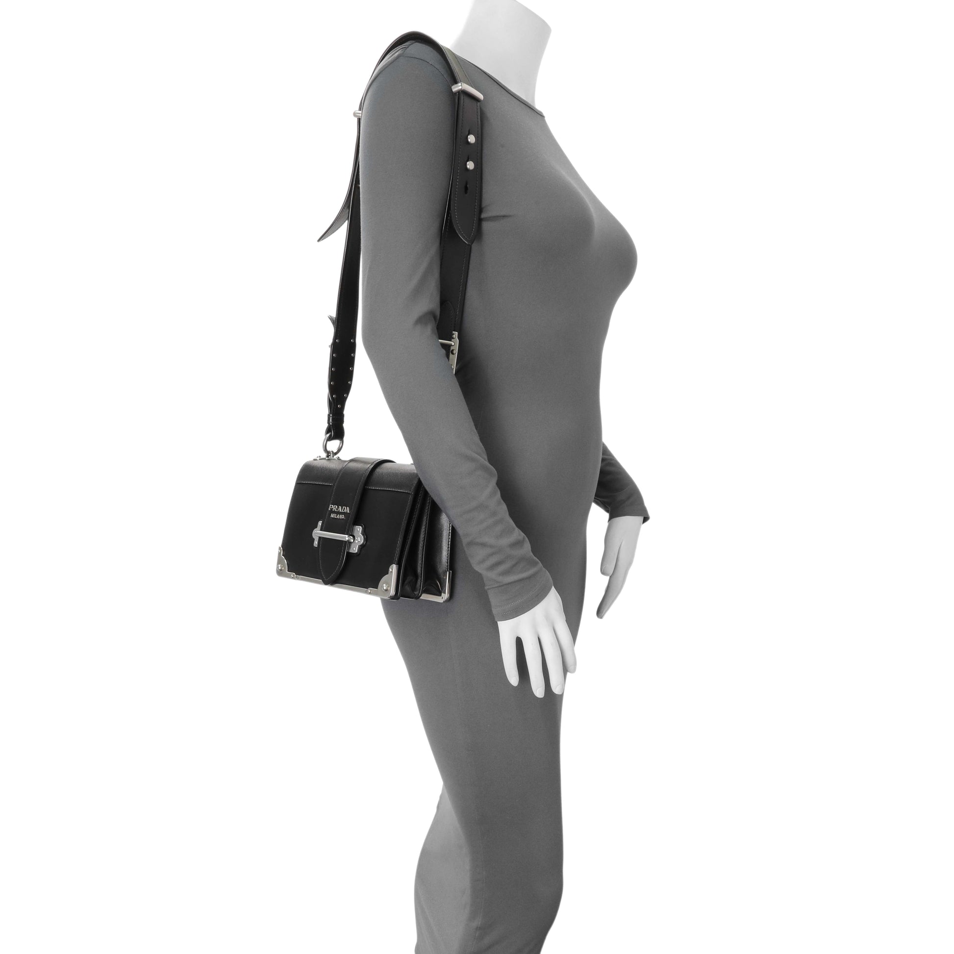 Exclusive Prada Black City Calf Saffiano Cahier Bag — Lifestyle View