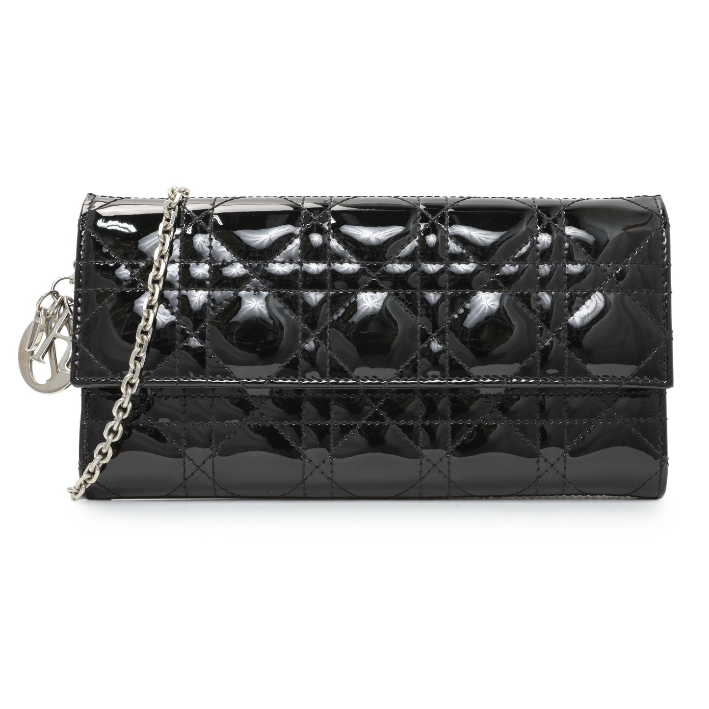 Exclusive Christian Dior Black Patent Cannage Lady Dior Rendezvous Wallet On Chain — Front View