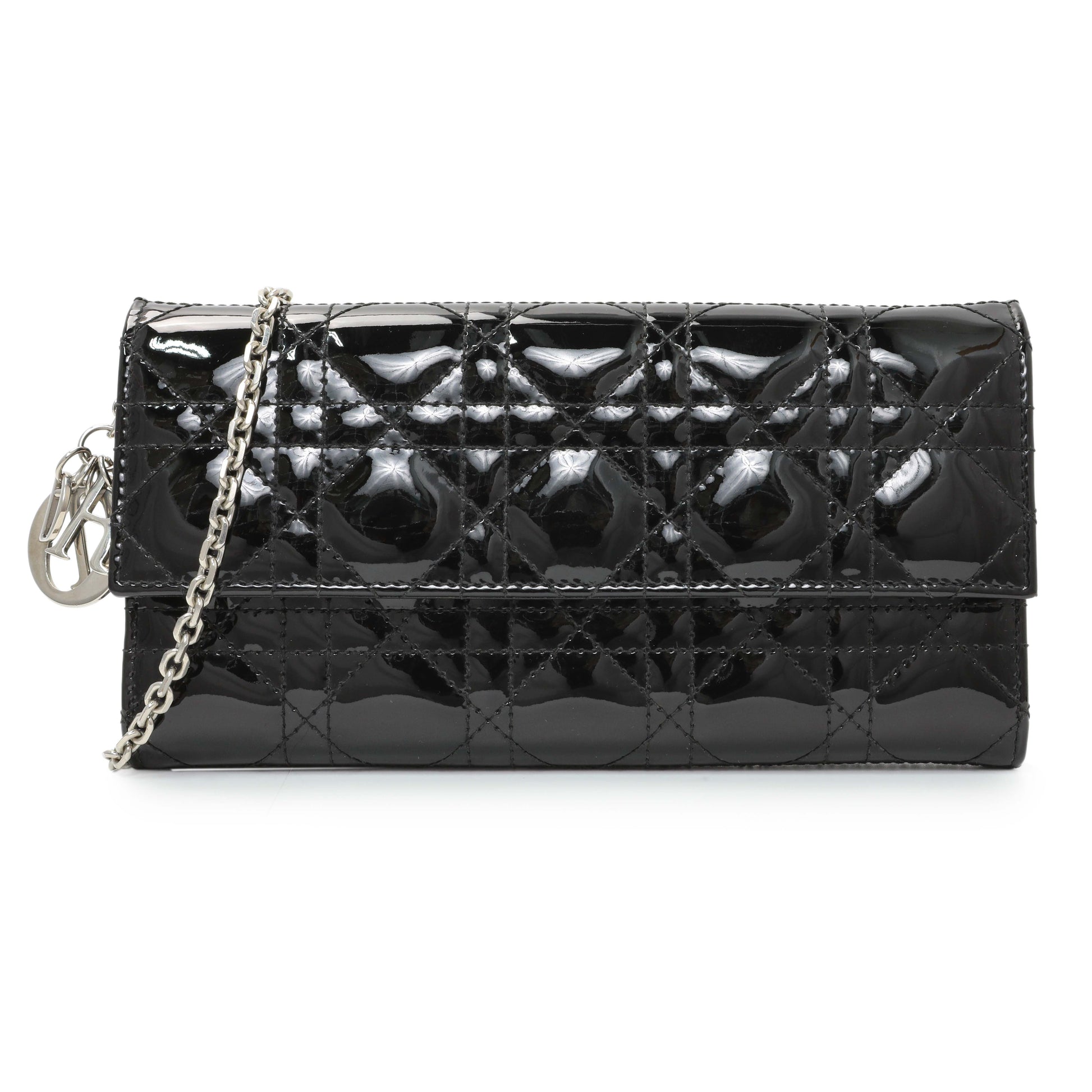 Exclusive Christian Dior Black Patent Cannage Lady Dior Rendezvous Wallet On Chain — Front View