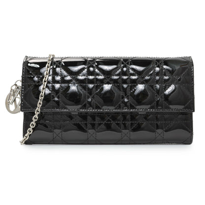 Exclusive Christian Dior Black Patent Cannage Lady Dior Rendezvous Wallet On Chain — Front View