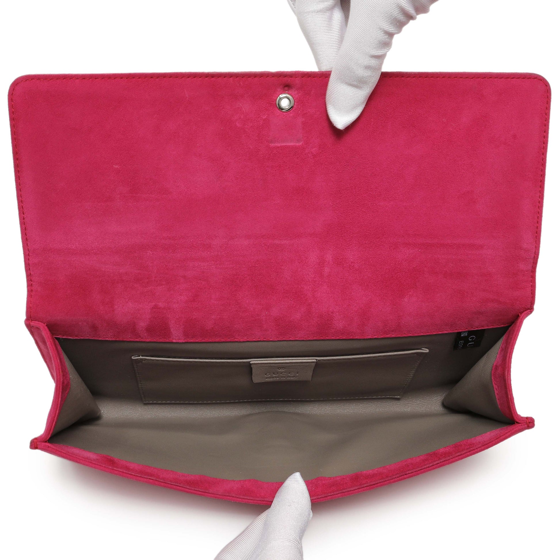 Exclusive Gucci Pink Suede Crystal Interlocking Clutch — Top View