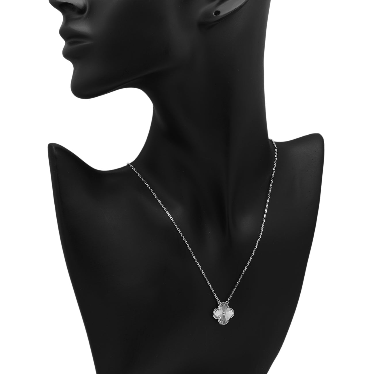 Exclusive Van Cleef & Arpels 18K White Gold Guilloche Vintage Alhambra Pendant Necklace — Top View
