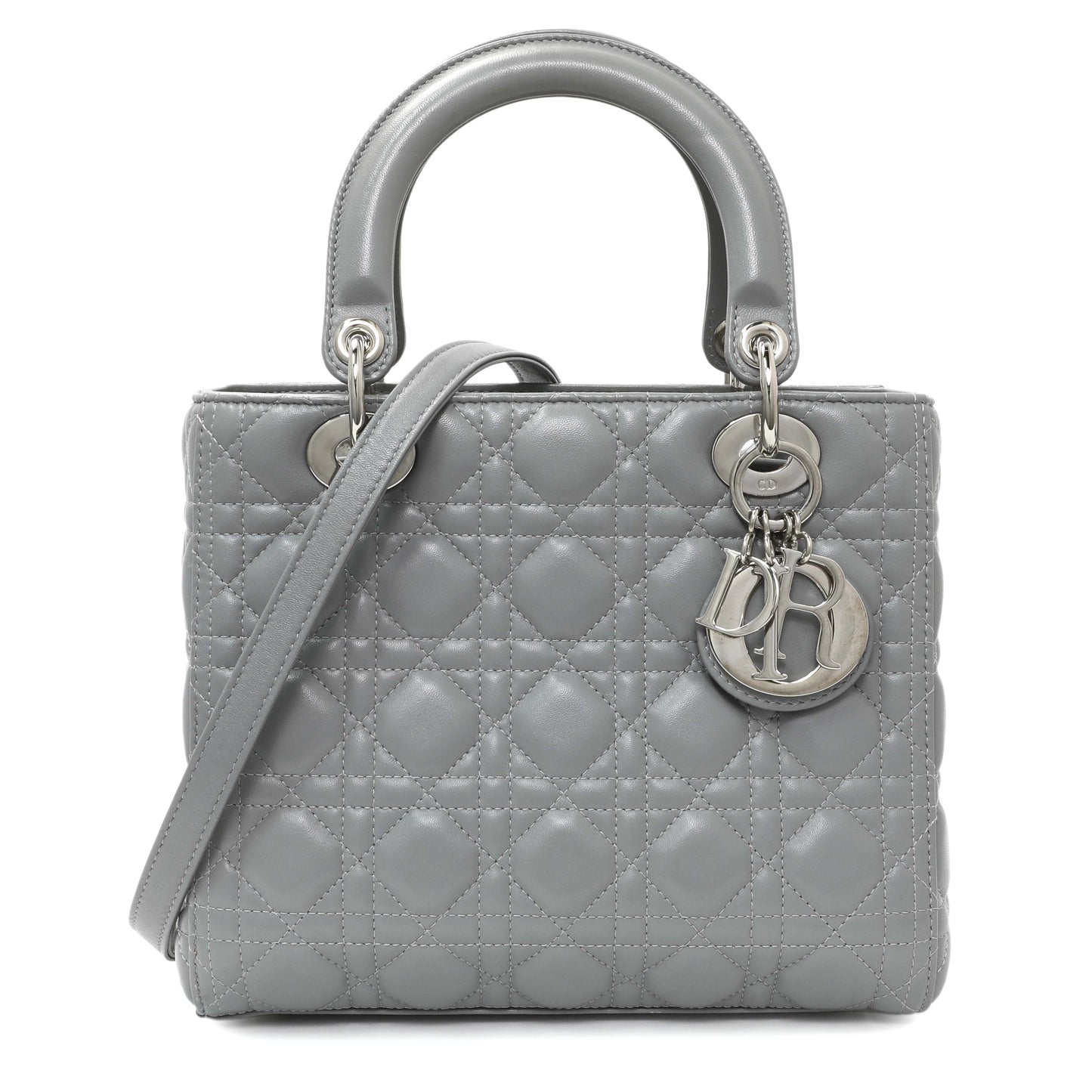 Exclusive Christian Dior Grey Lambskin Cannage Medium Lady Dior — Front View