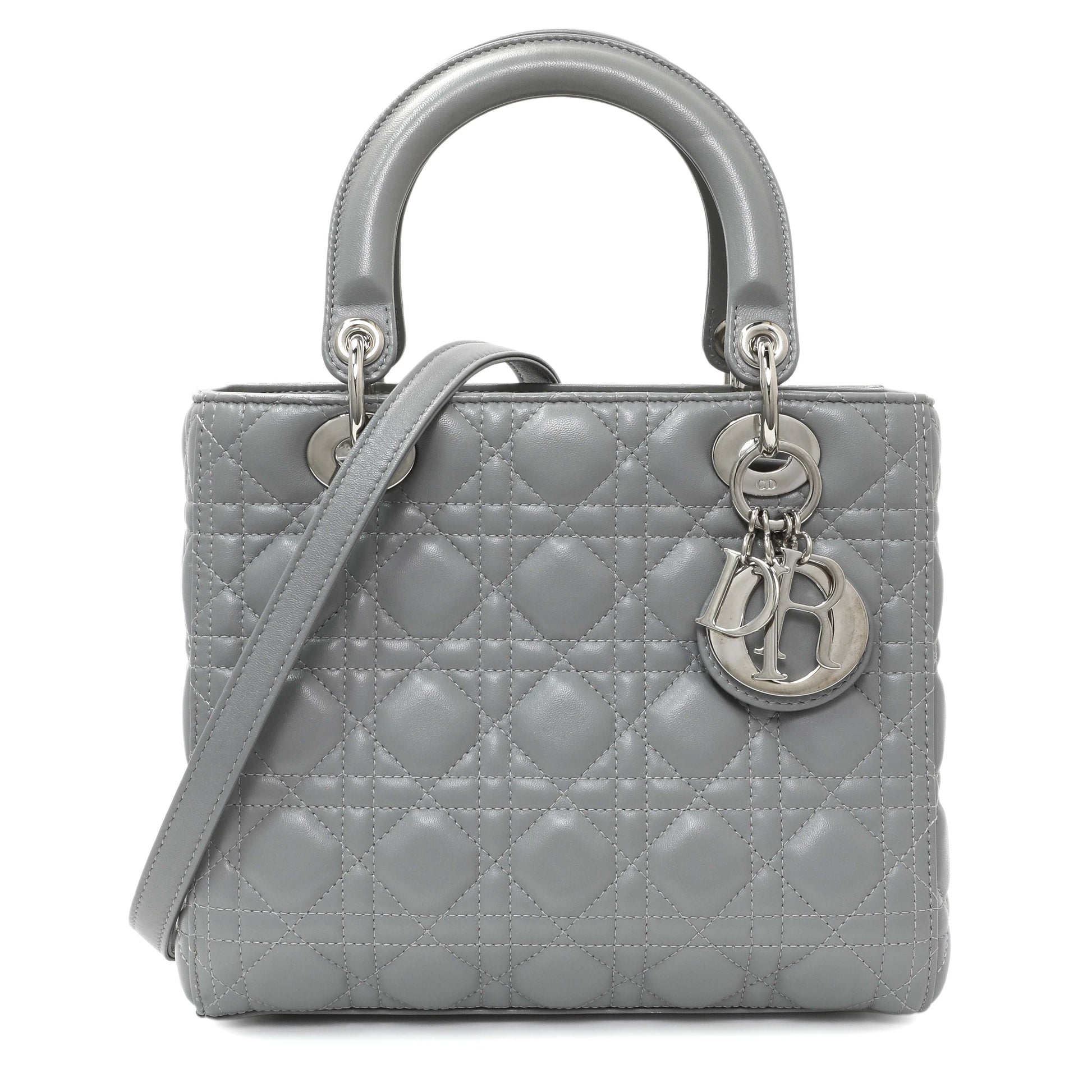 Exclusive Christian Dior Grey Lambskin Cannage Medium Lady Dior — Front View