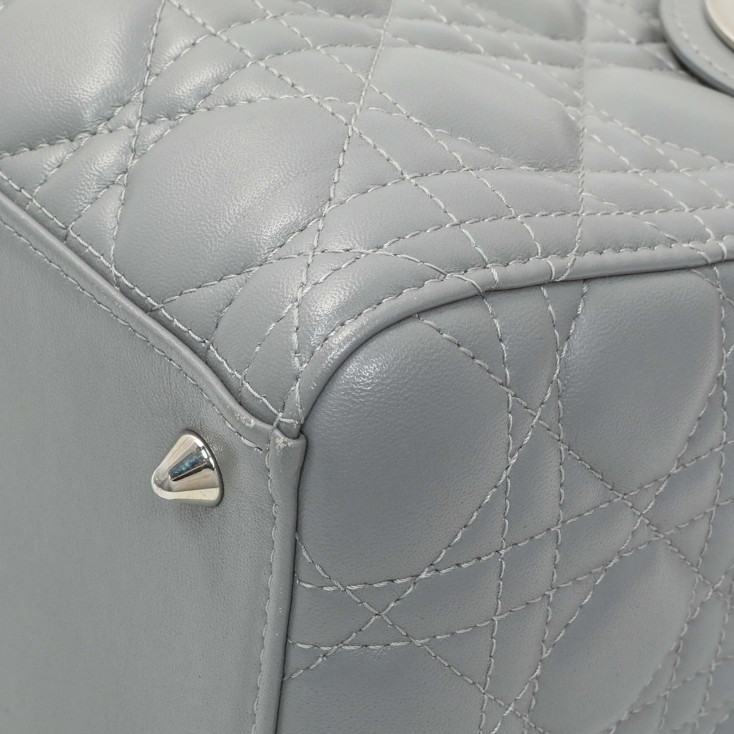 Exclusive Christian Dior Grey Lambskin Cannage Medium Lady Dior — Detail View