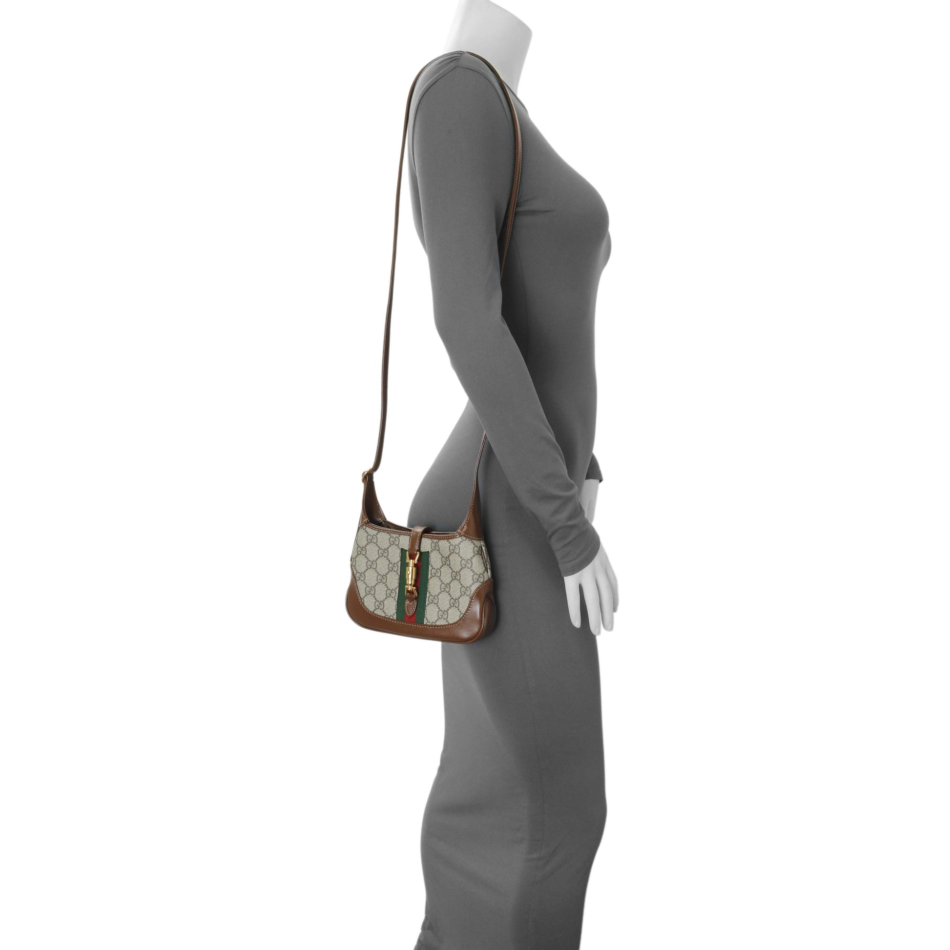 Exclusive Gucci Beige Ebony Brown Sugar GG Supreme Monogram Azalea Calfskin Web Mini Jackie 1961 Hobo — Alternate View 8