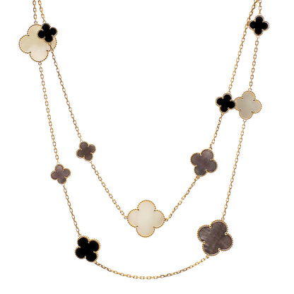 Exclusive Van Cleef & Arpels 18K Yellow Gold Mother of Pearl Onyx Magic Alhambra 16 Motif Necklace — Front View