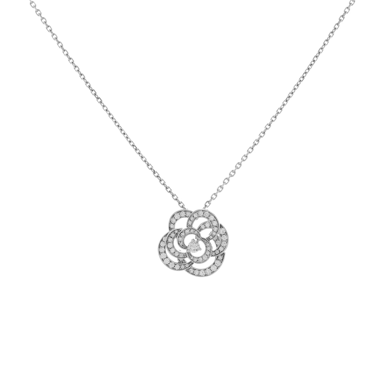 Exclusive Chanel 18K White Gold Diamond Fil de Camélia Pendant Necklace — Front View