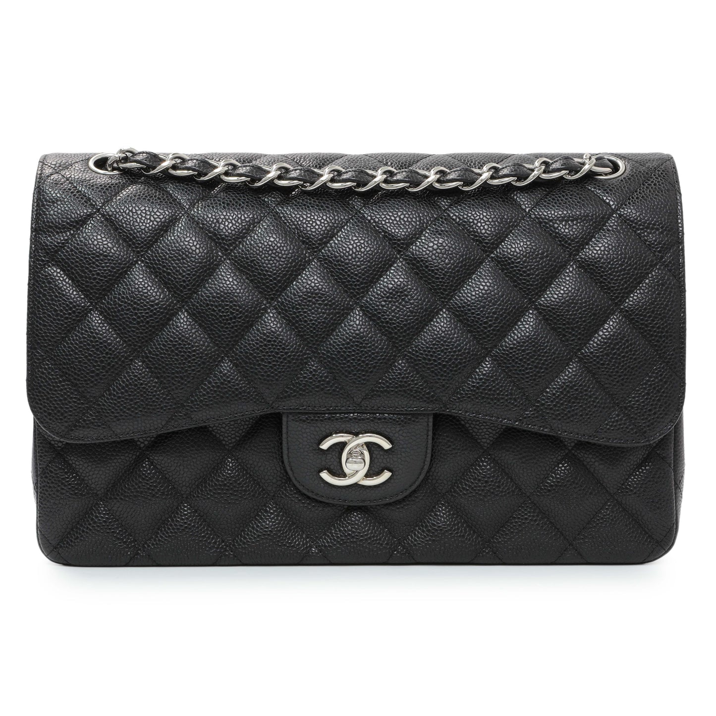 Exclusive Chanel Black Caviar Jumbo Classic Double Flap — Front View
