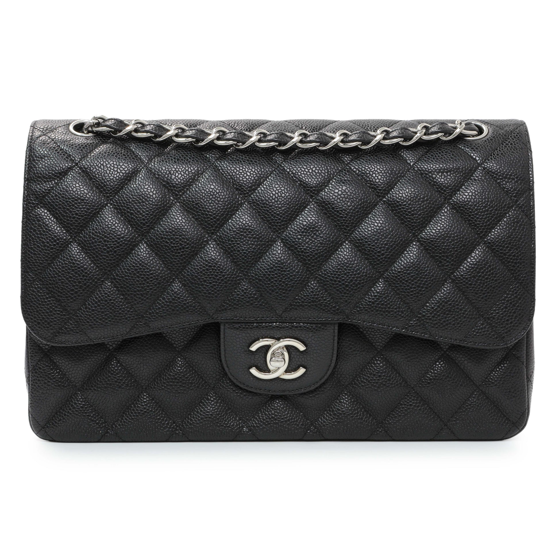 Exclusive Chanel Black Caviar Jumbo Classic Double Flap — Front View