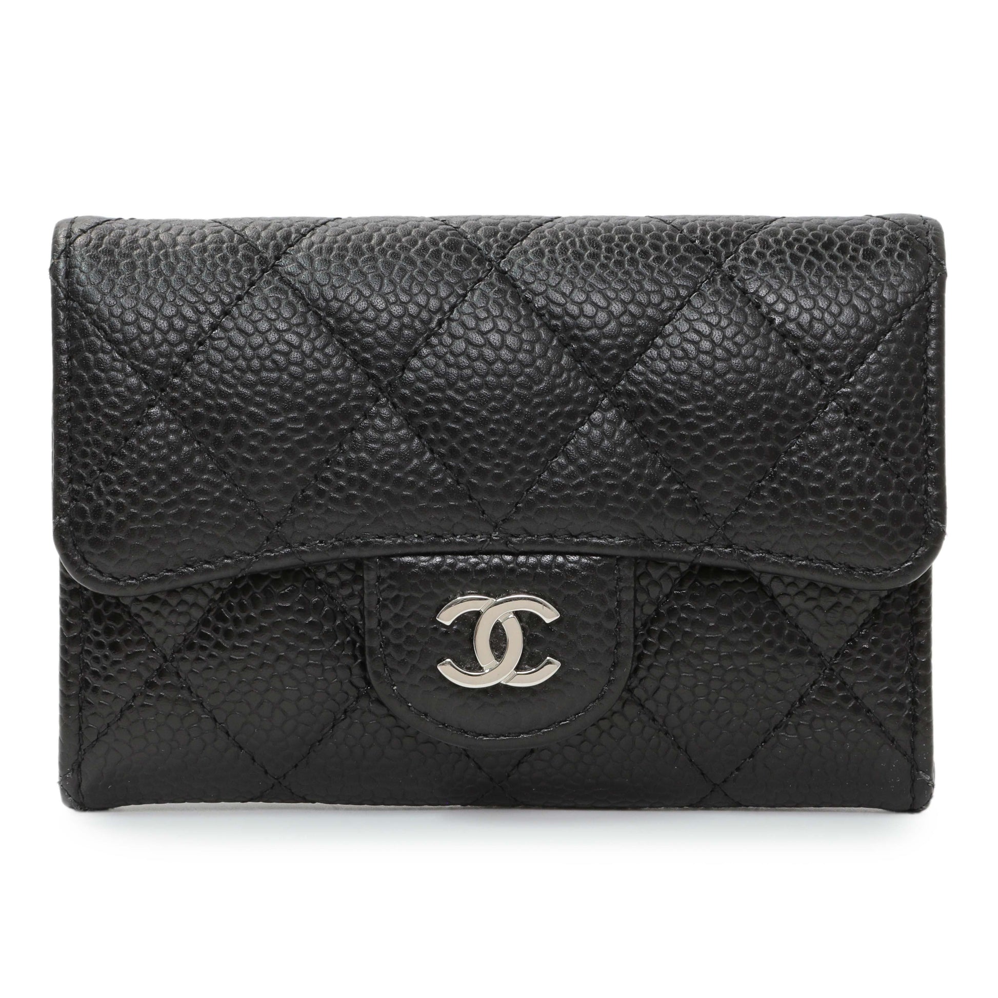 Exclusive Chanel Black Caviar Quilted Flap Card Holder Wallet — Front View