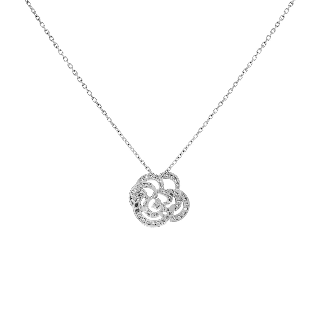 Exclusive Chanel 18K White Gold Diamond Fil de Camélia Pendant Necklace — Side View