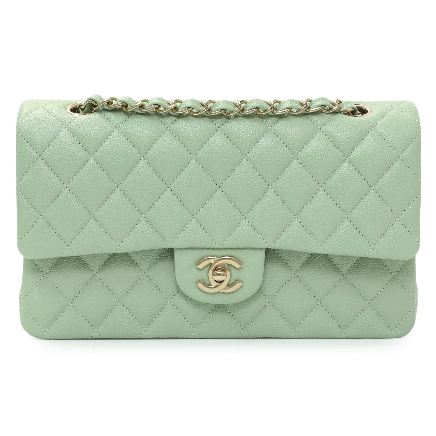 Exclusive Chanel Light Mint Green Caviar Medium Classic Double Flap — Front View