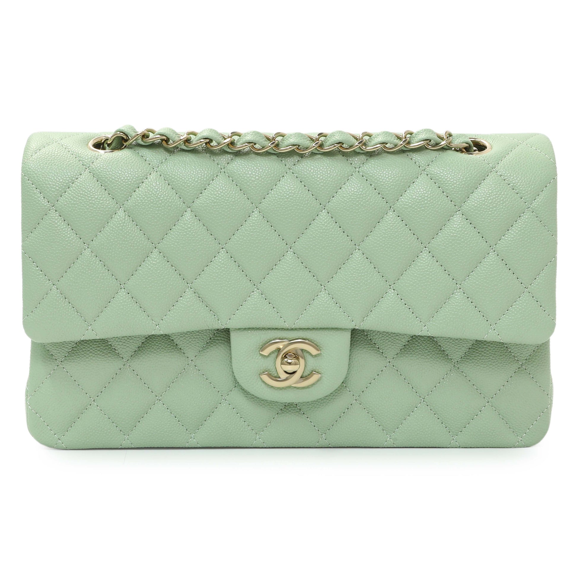 Exclusive Chanel Light Mint Green Caviar Medium Classic Double Flap — Front View