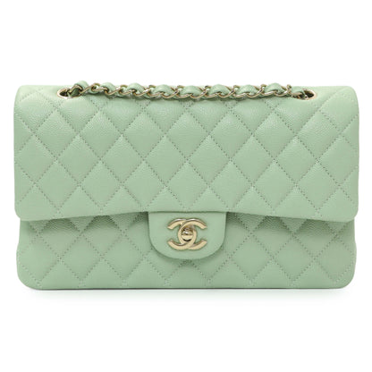 Exclusive Chanel Light Mint Green Caviar Medium Classic Double Flap — Front View